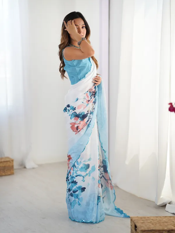 Elegant Aqua Printed Heavy Chinon Saree