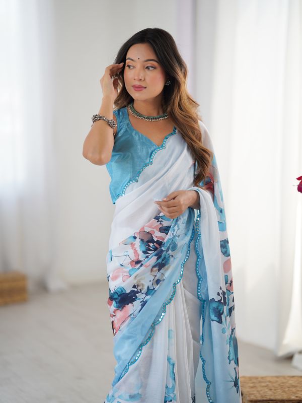 Elegant Aqua Printed Heavy Chinon Saree