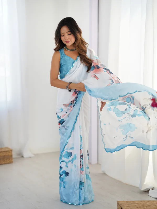 Elegant Aqua Printed Heavy Chinon Saree