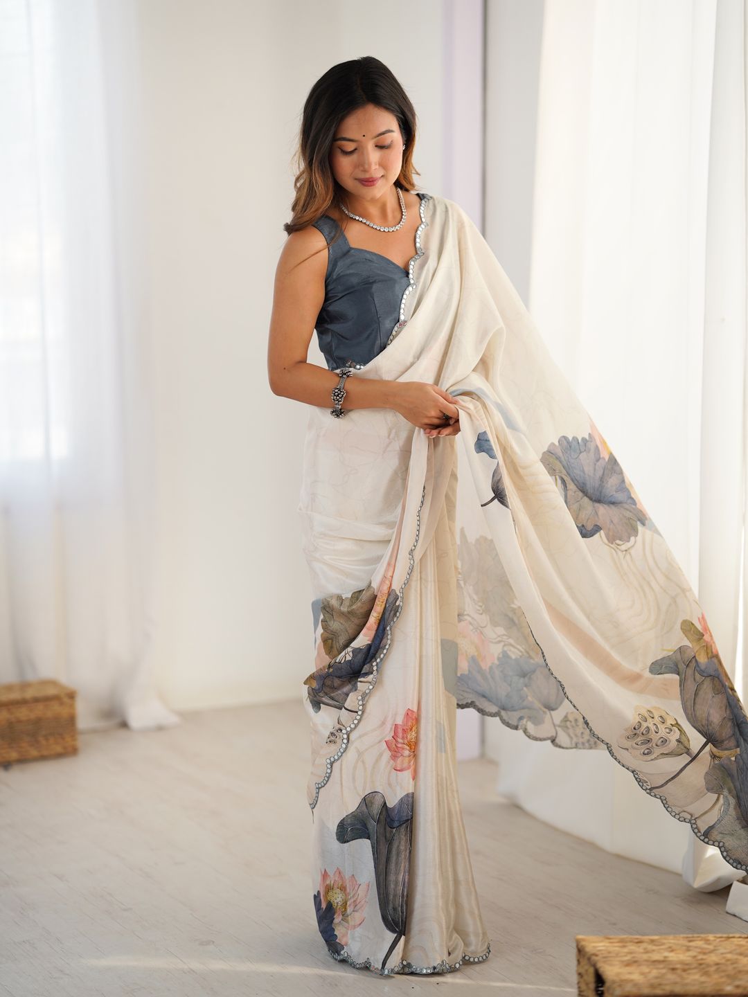 Ivory Beige Luxury Chinon Saree
