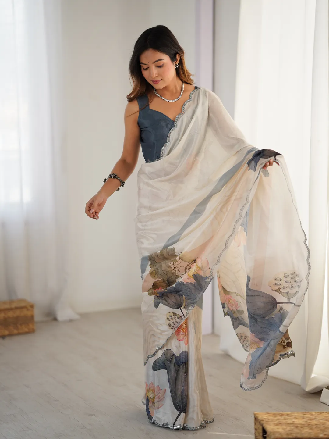 Ivory Beige Luxury Chinon Saree