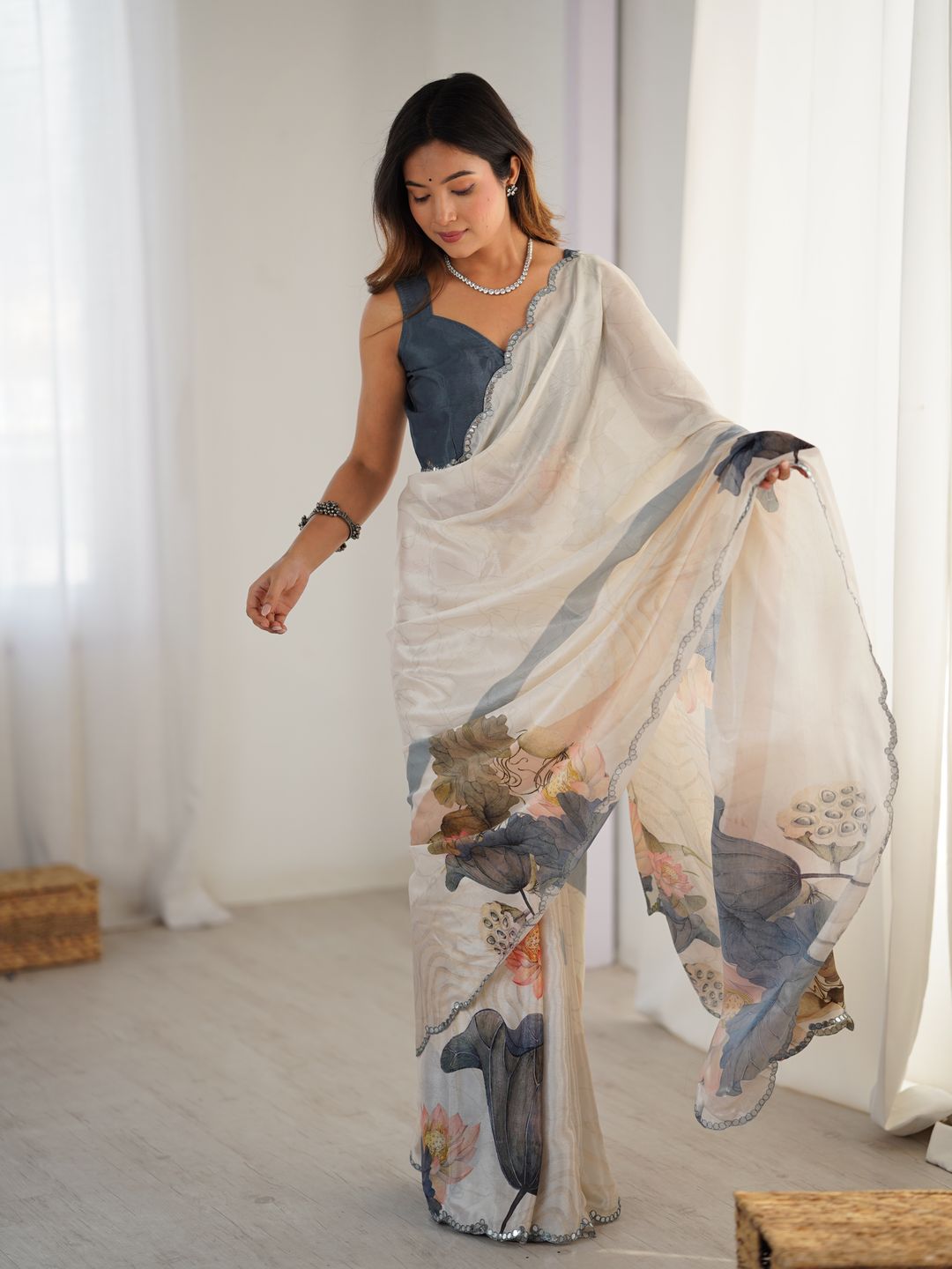 Ivory Beige Luxury Chinon Saree