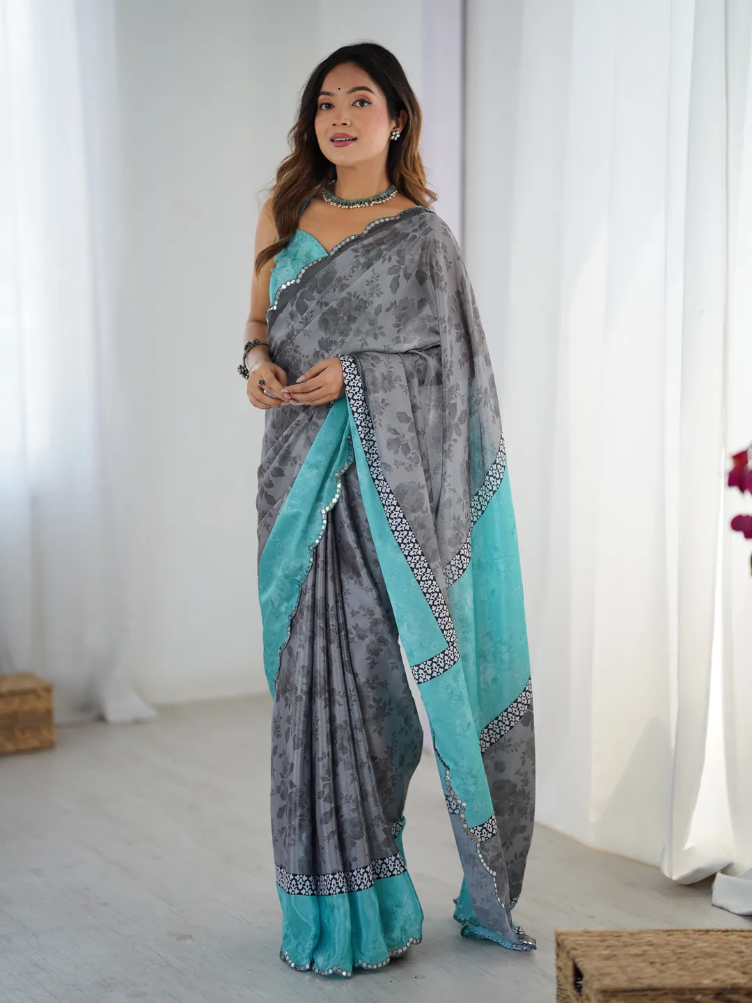 Grey Blue Designer Chinon Saree for Women