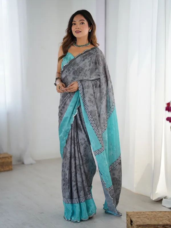 Grey Blue Designer Chinon Saree for Women