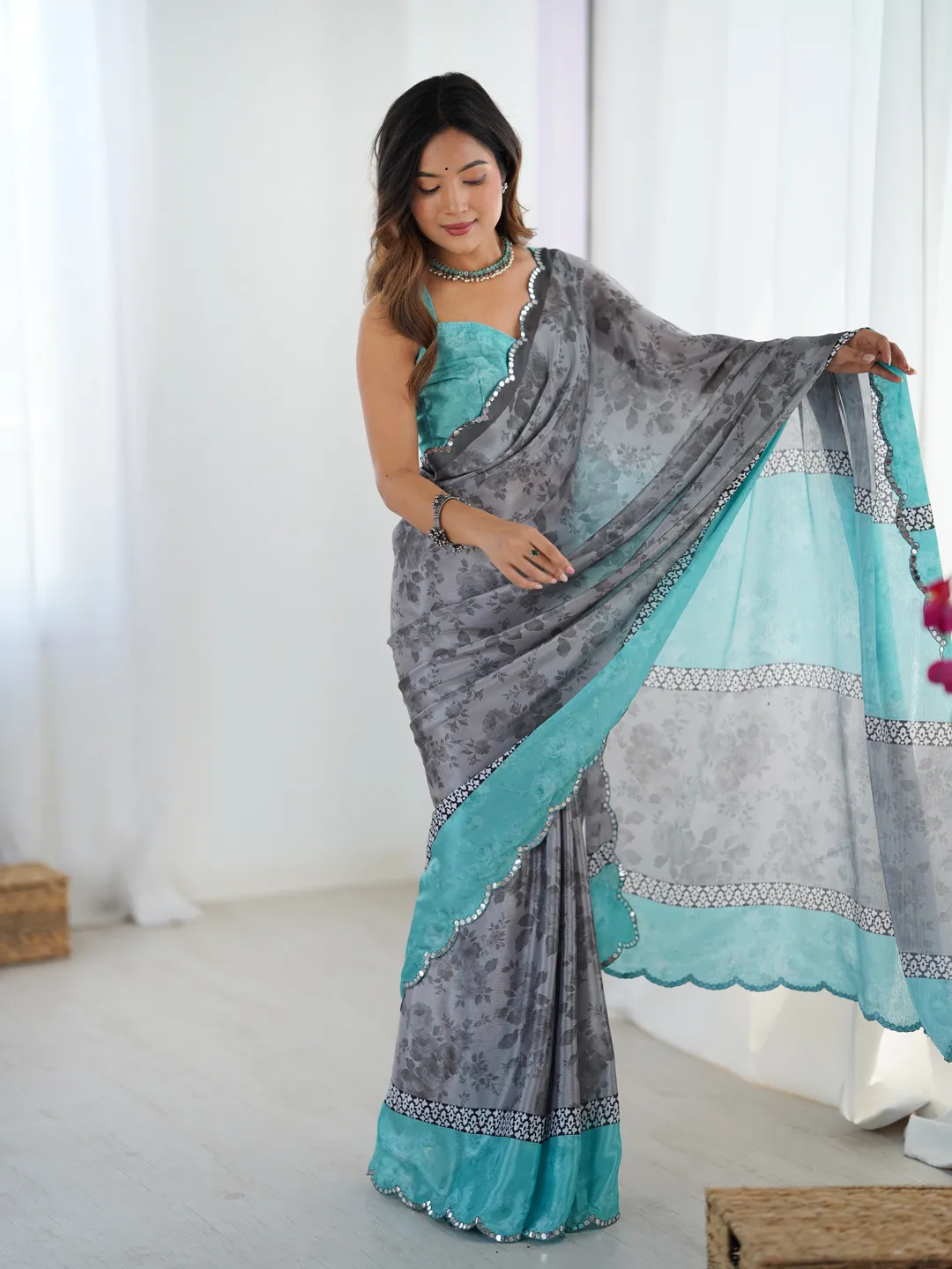 Grey Blue Designer Chinon Saree for Women