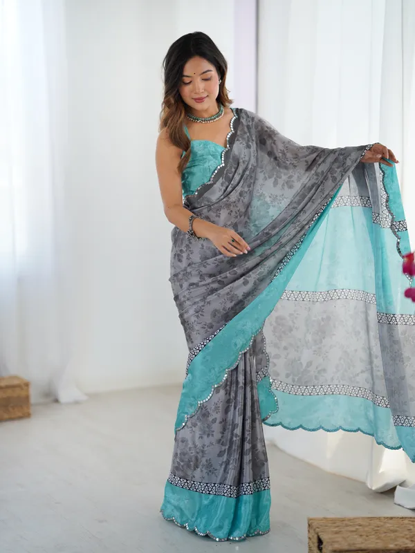Grey Blue Designer Chinon Saree for Women