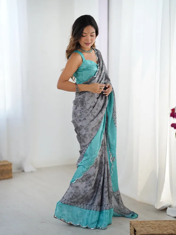 Grey Blue Designer Chinon Saree for Women