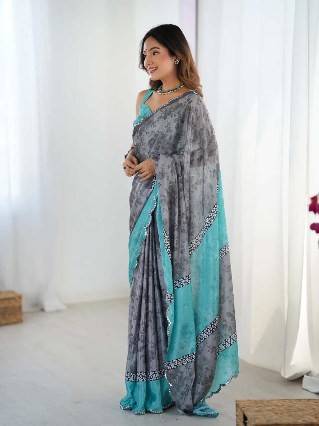 Grey Blue Designer Chinon Saree for Women