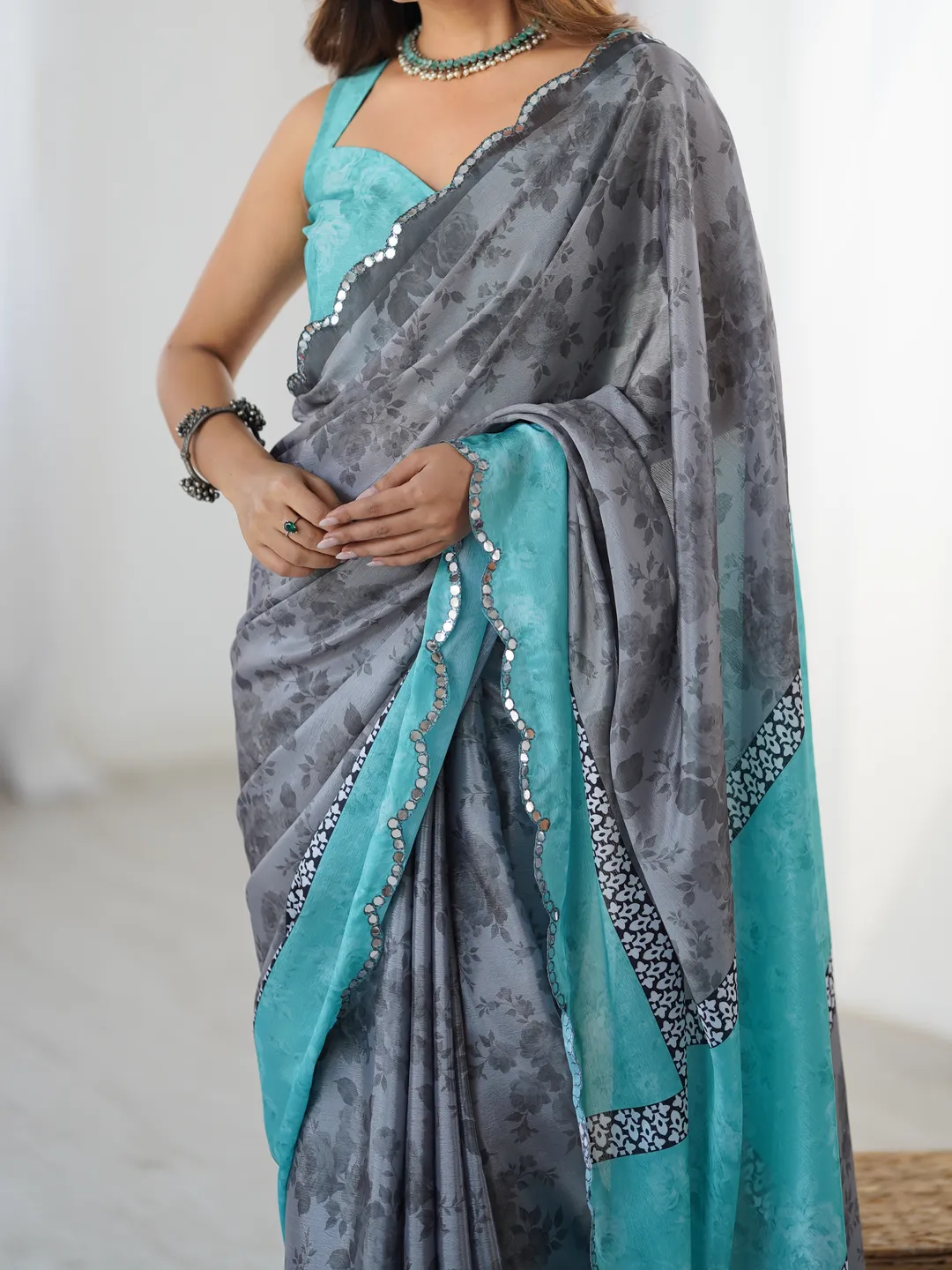 Grey Blue Designer Chinon Saree for Women