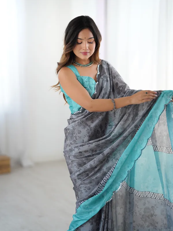 Grey Blue Designer Chinon Saree for Women