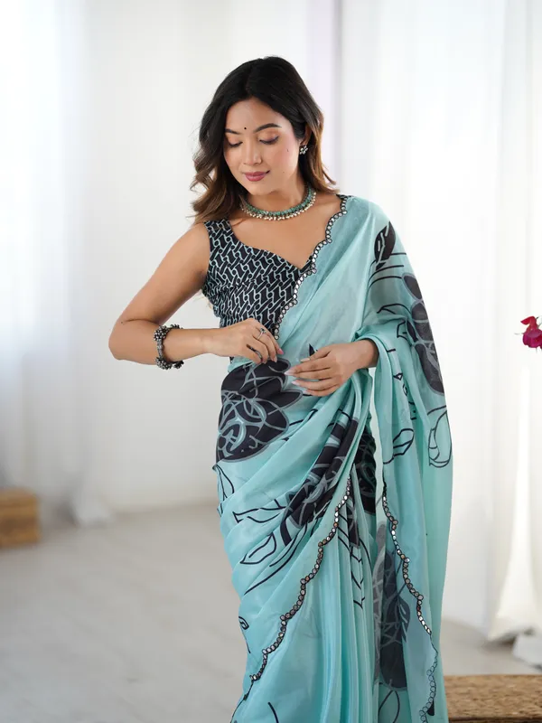 Elegant Mint Green Chinon Saree with Blouse