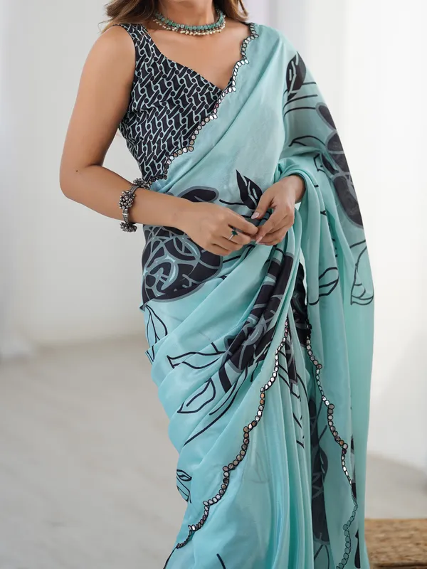 Elegant Mint Green Chinon Saree with Blouse