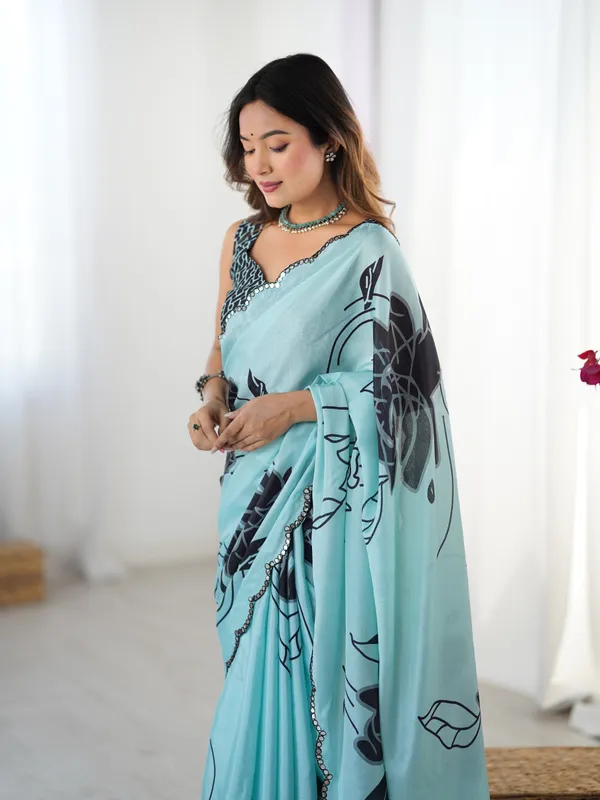 Elegant Mint Green Chinon Saree with Blouse