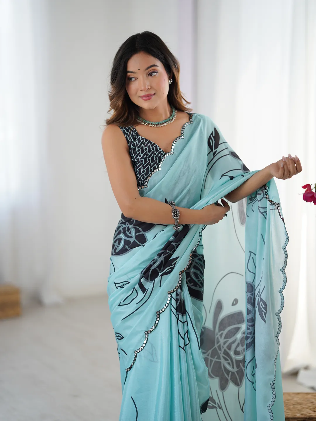 Elegant Mint Green Chinon Saree with Blouse