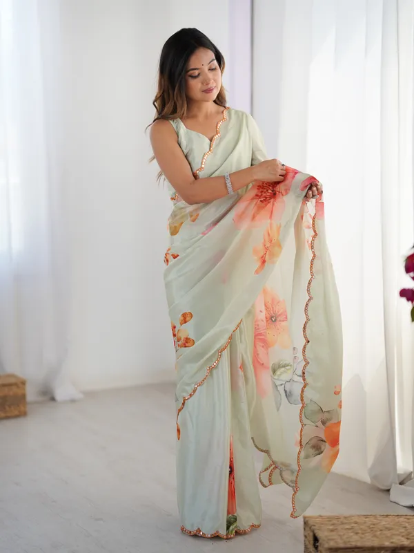 Sage Green Designer Printed Saree for Women