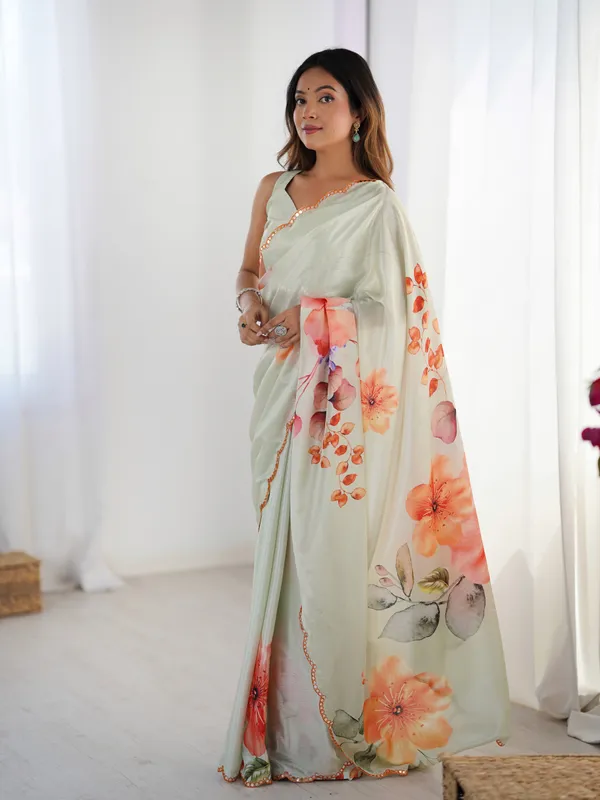 Sage Green Designer Printed Saree for Women