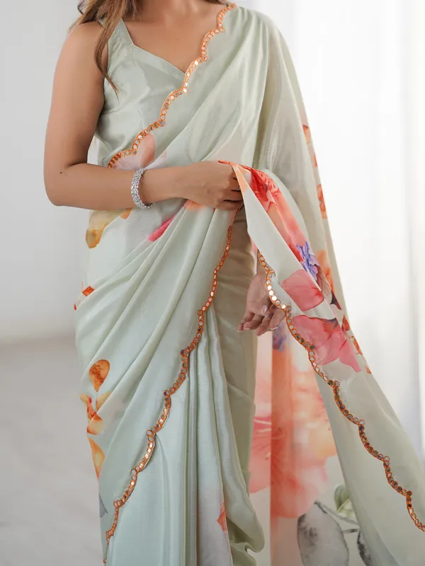 Sage Green Designer Printed Saree for Women