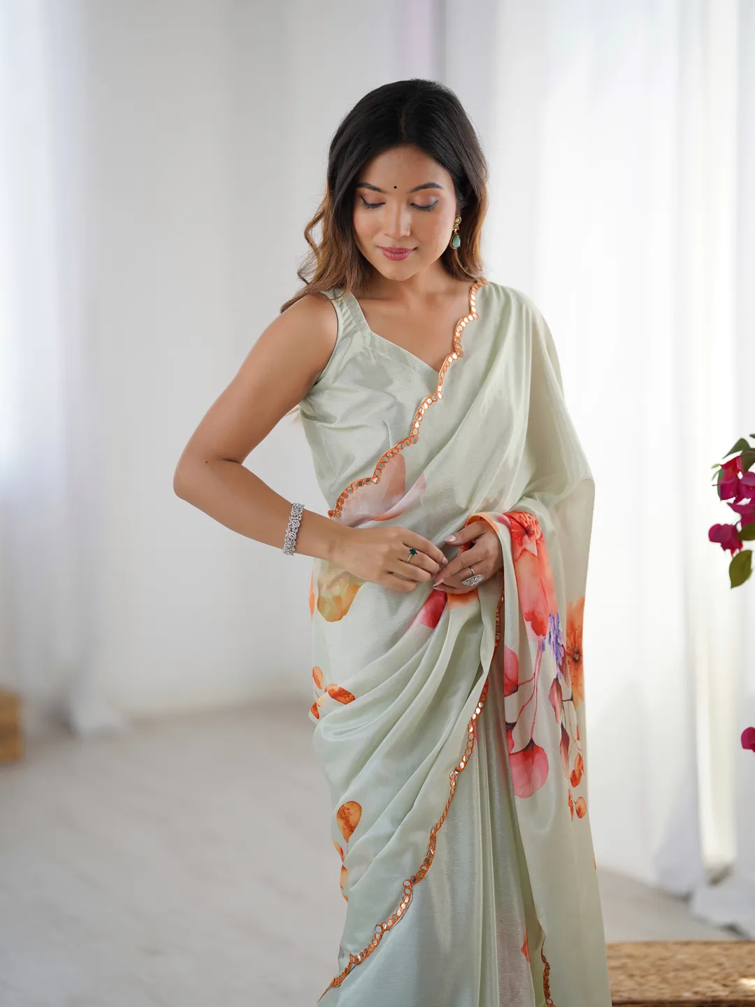 Sage Green Designer Printed Saree for Women