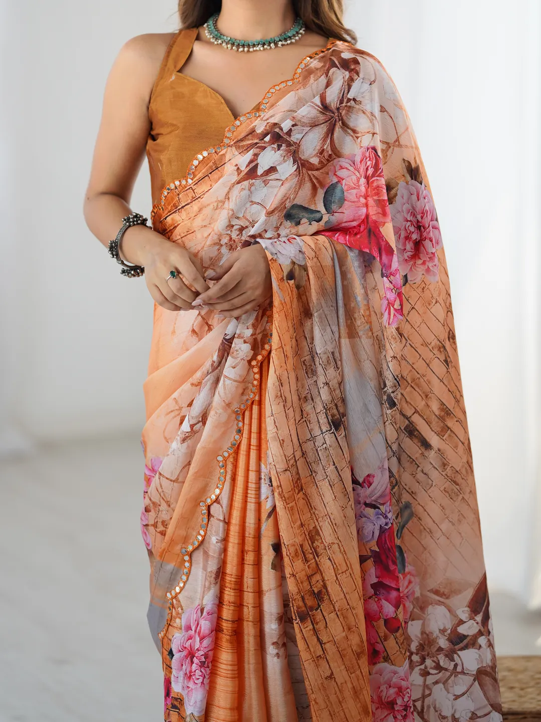 Peach Garden Floral Saree in Heavy Chinnon with Mirror Work