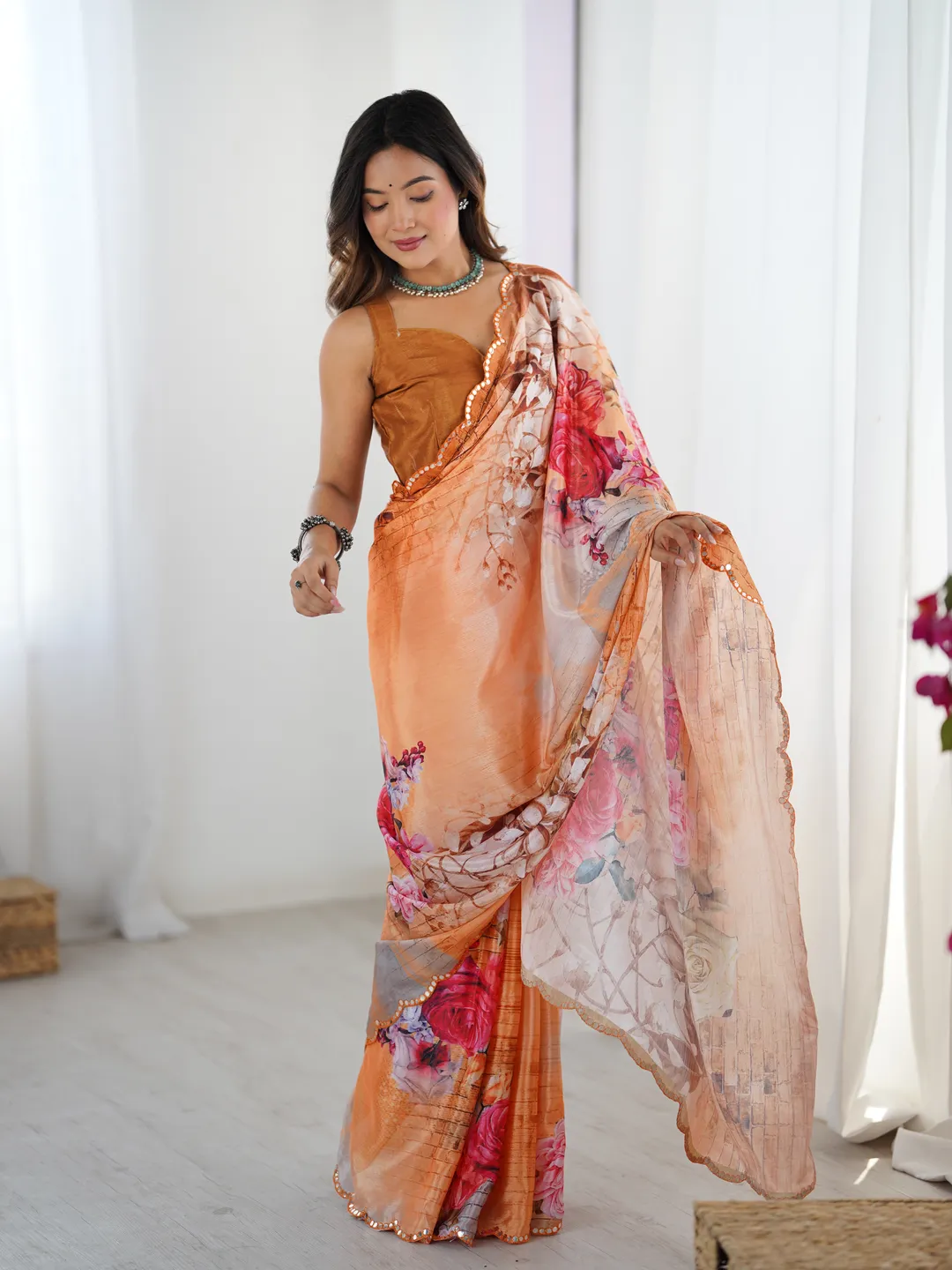 Peach Garden Floral Saree in Heavy Chinnon with Mirror Work
