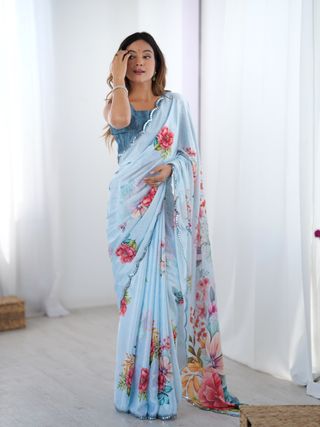 Sky Blue Party Wear Chinnon Saree with Mirror Border