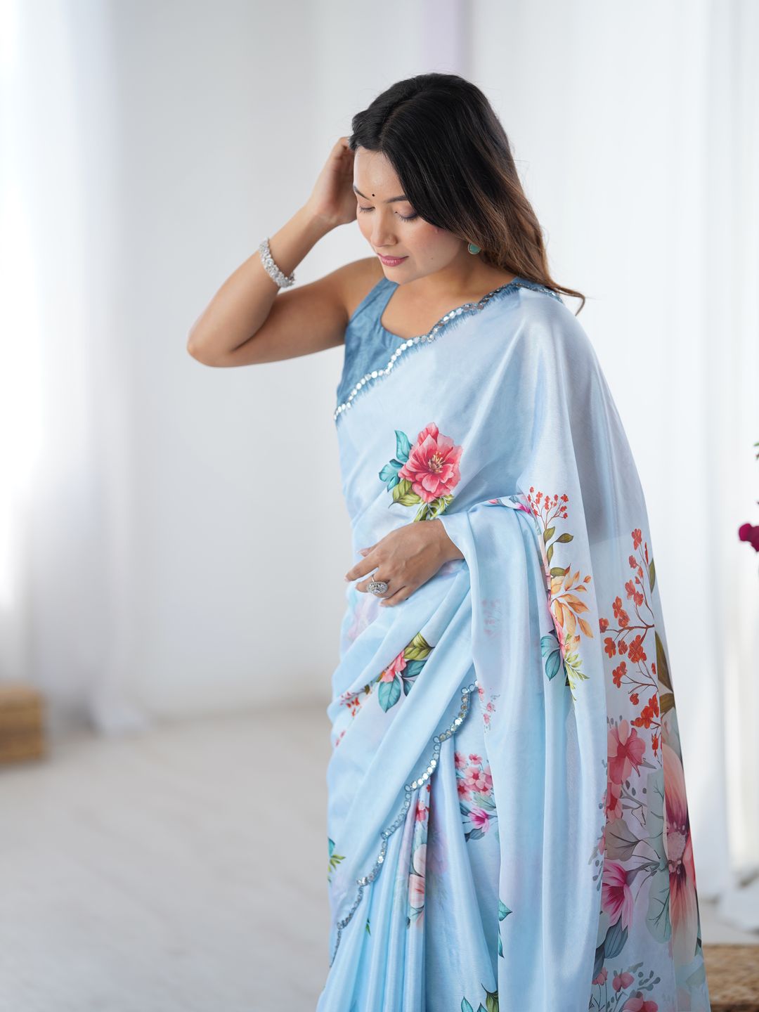 Sky Blue Party Wear Chinnon Saree with Mirror Border