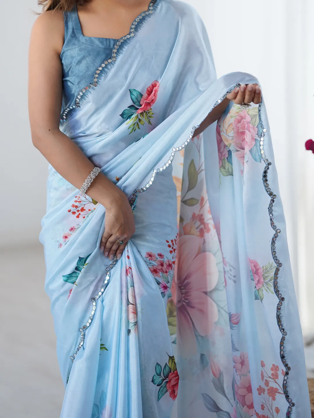 Sky Blue Party Wear Chinnon Saree with Mirror Border