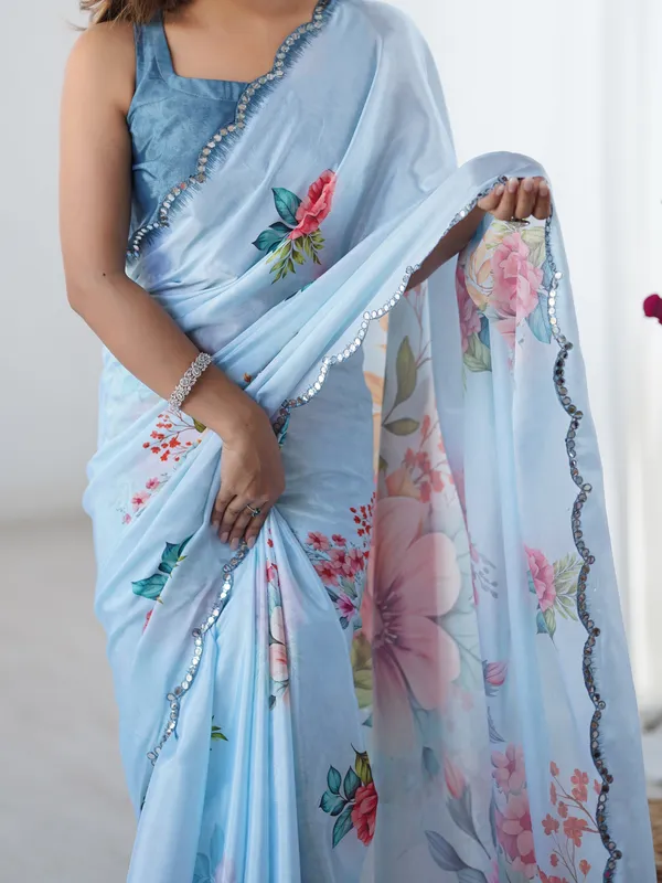 Sky Blue Party Wear Chinnon Saree with Mirror Border