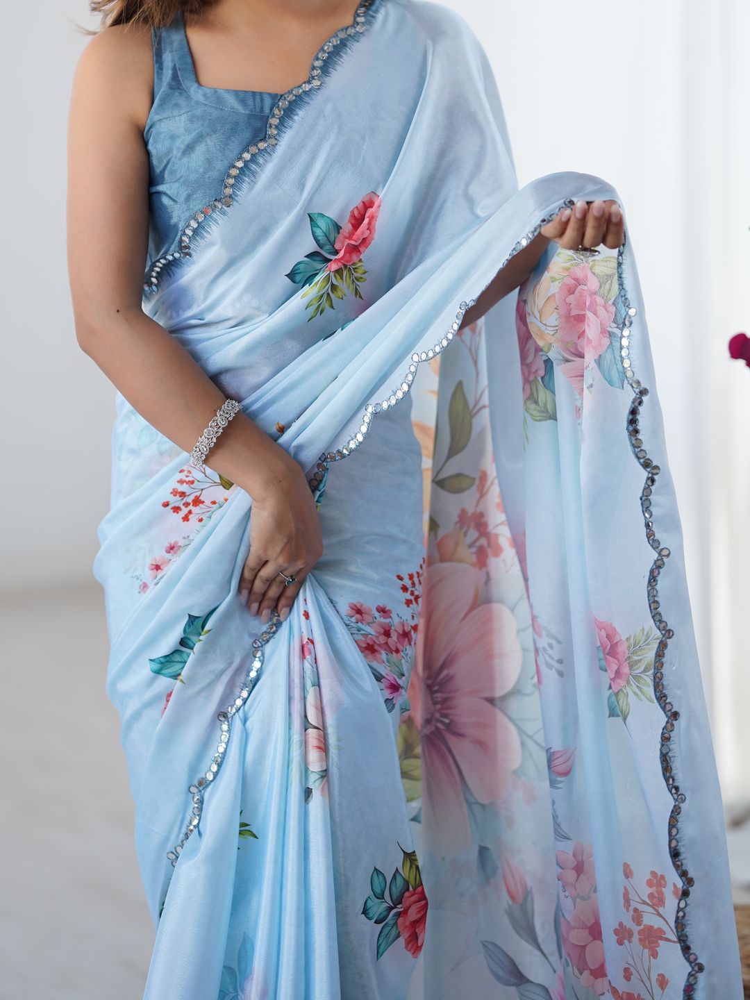 Sky Blue Party Wear Chinnon Saree with Mirror Border