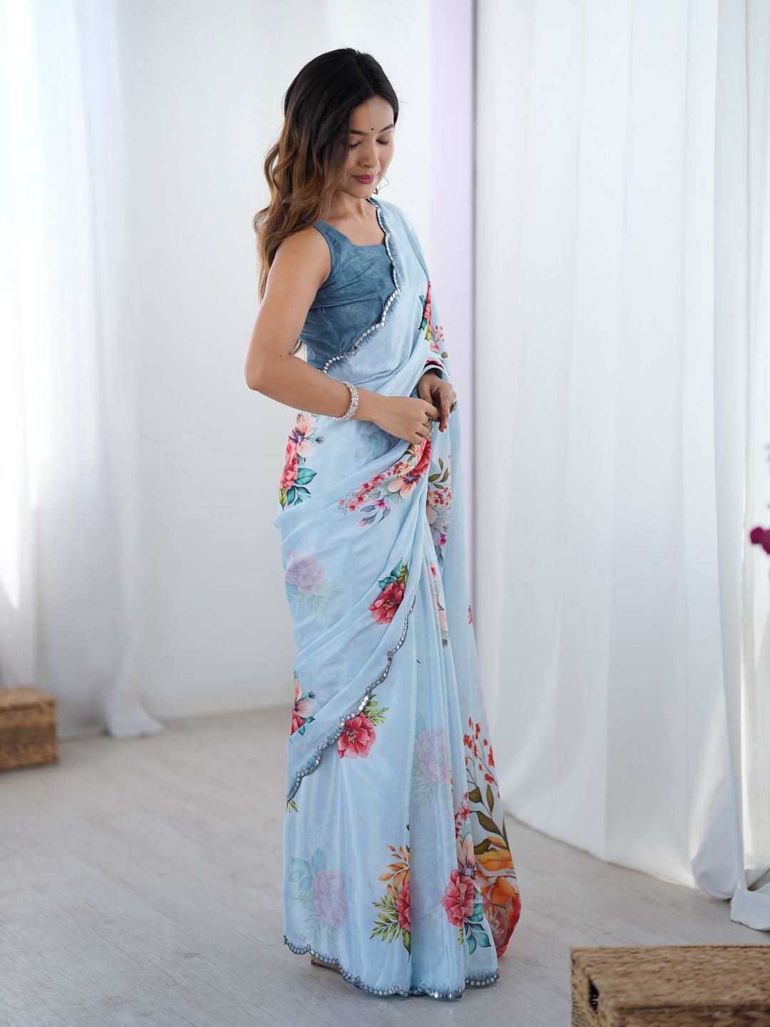 Sky Blue Party Wear Chinnon Saree with Mirror Border