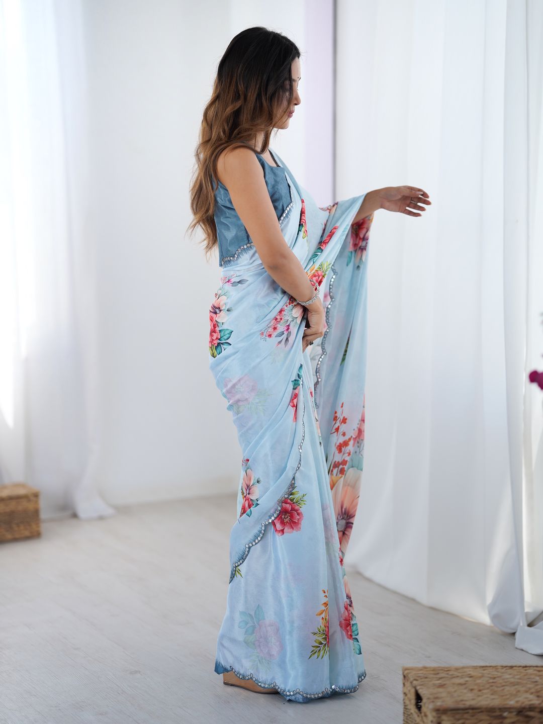Sky Blue Party Wear Chinnon Saree with Mirror Border