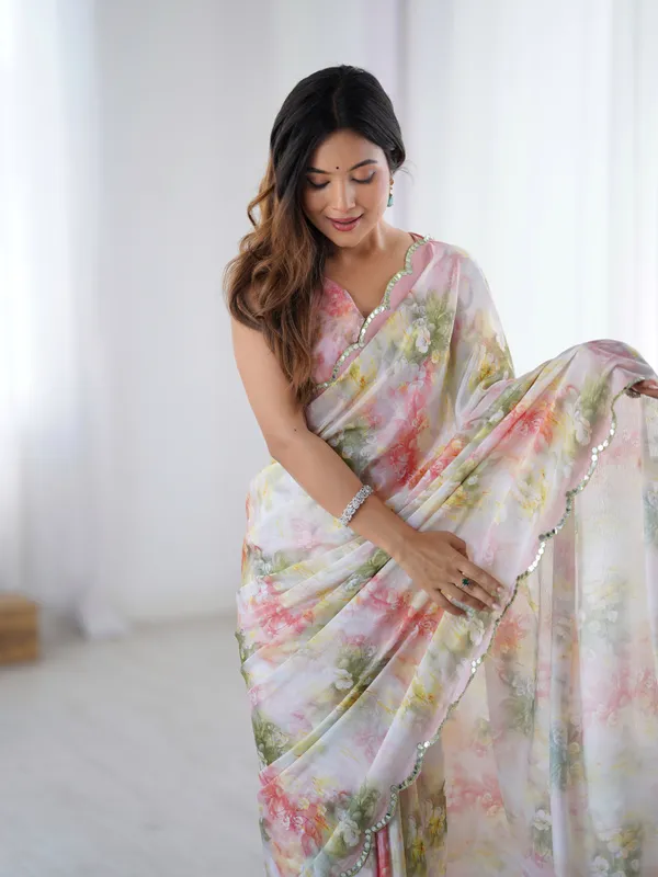 Designer Pastel Chinnon Saree with Floral Print