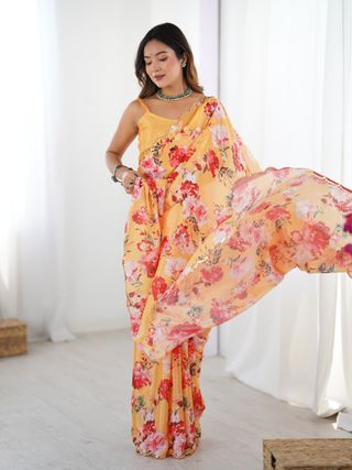 Mustard Yellow Party Wear Chinnon Saree for Women