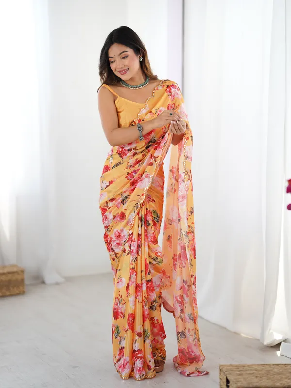 Mustard Yellow Party Wear Chinnon Saree for Women