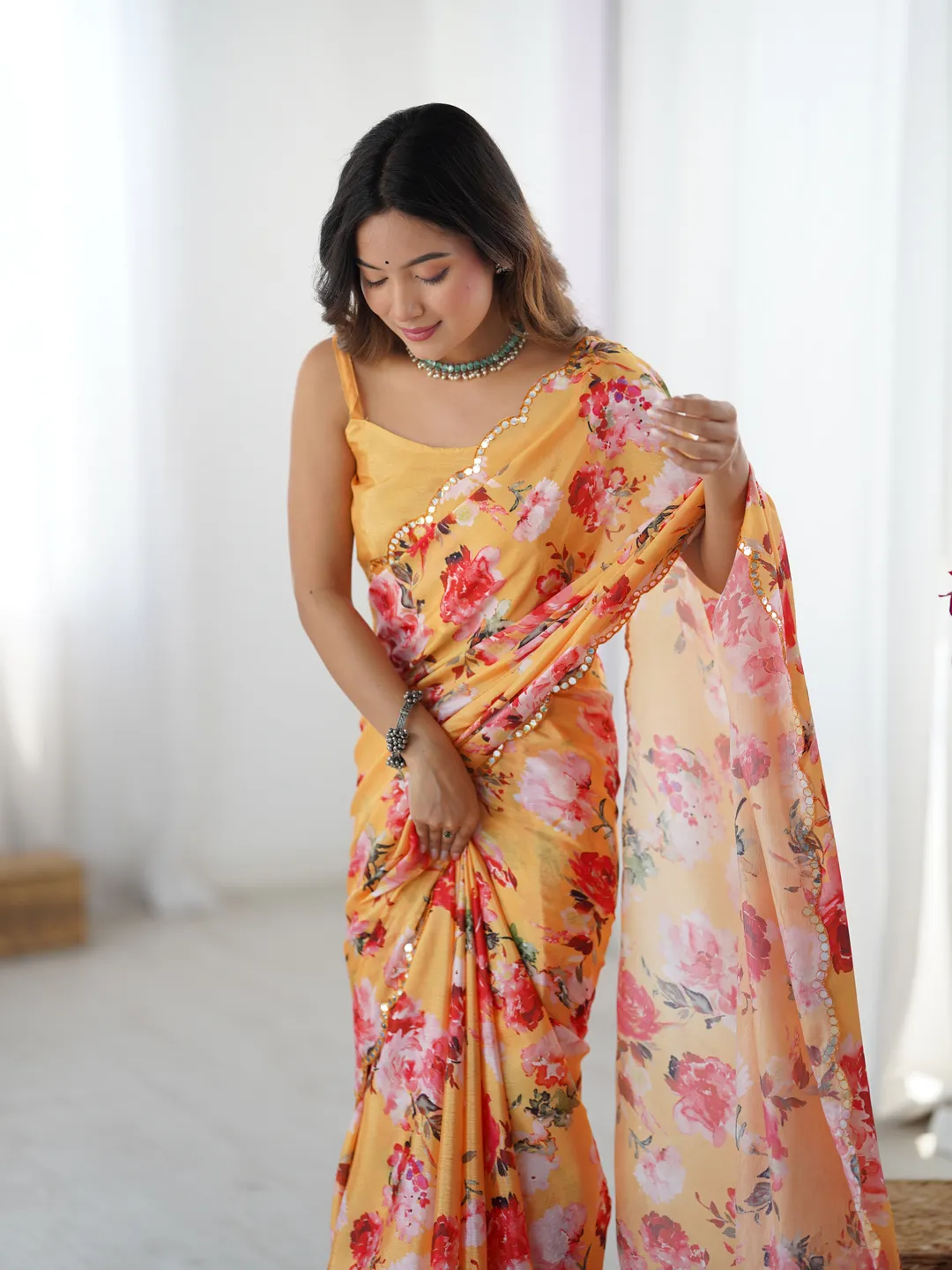Mustard Yellow Party Wear Chinnon Saree for Women