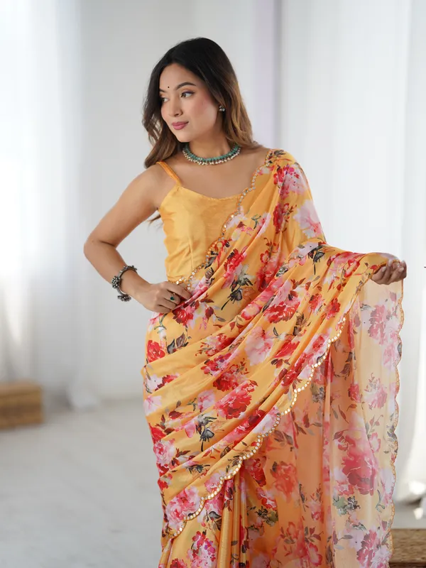Mustard Yellow Party Wear Chinnon Saree for Women