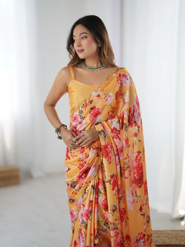 Mustard Yellow Party Wear Chinnon Saree for Women