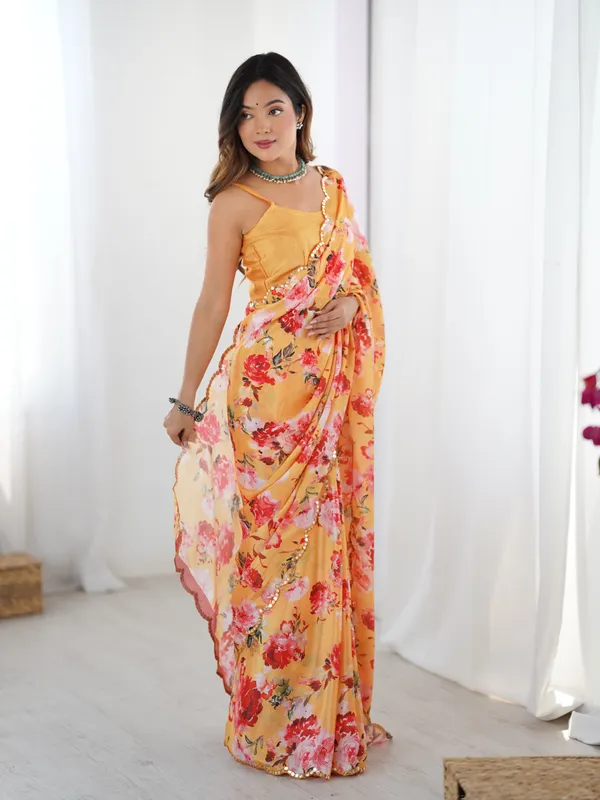 Mustard Yellow Party Wear Chinnon Saree for Women