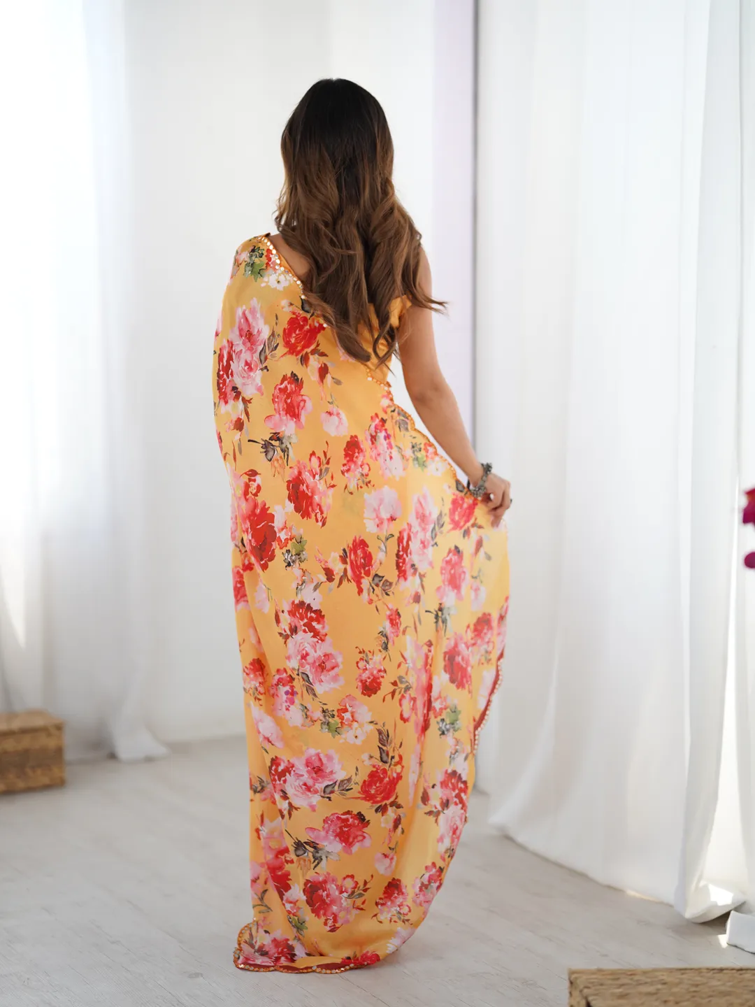 Mustard Yellow Party Wear Chinnon Saree for Women