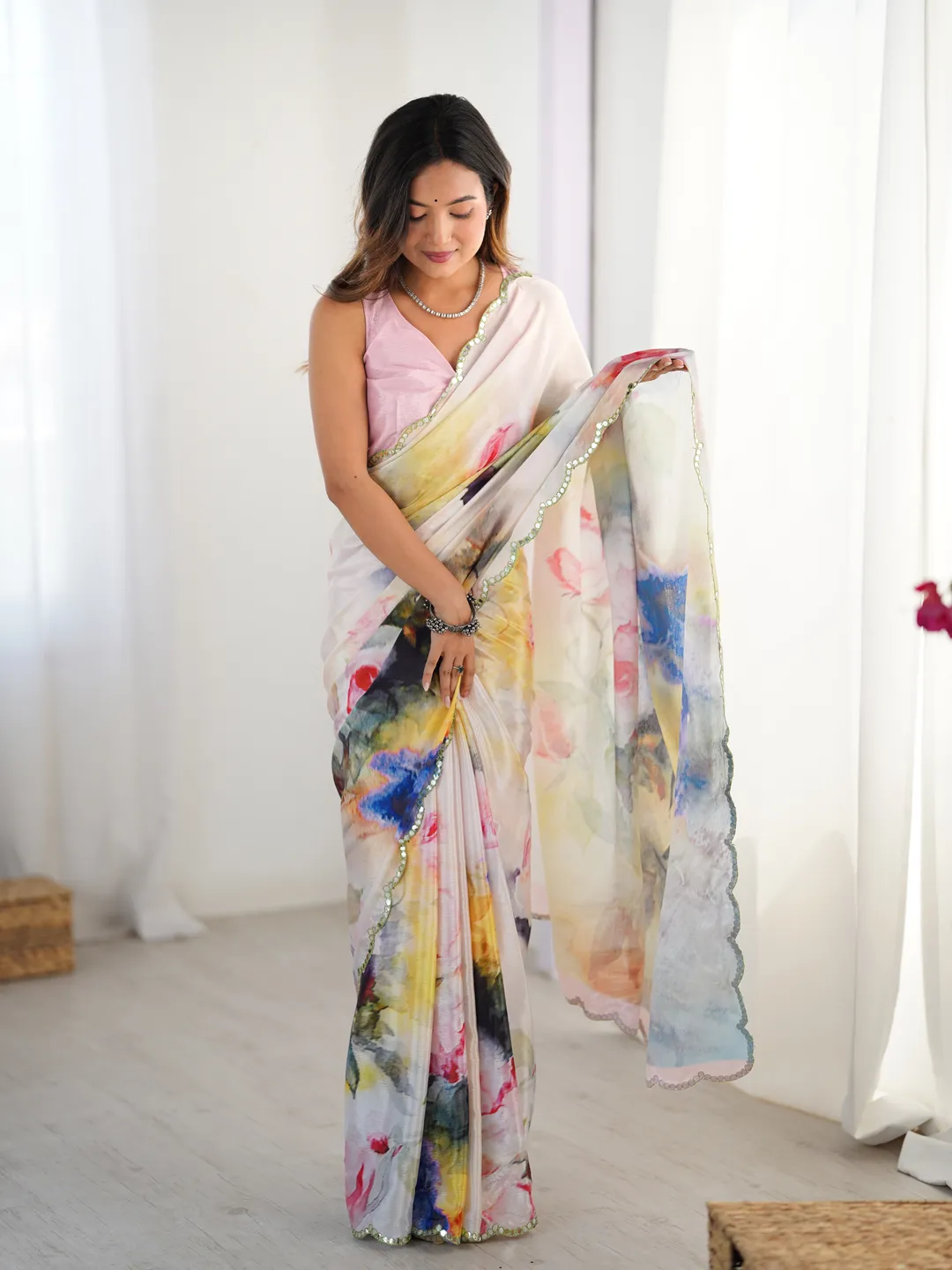Ivory Bloom Heavy Chinnon Party Wear Saree