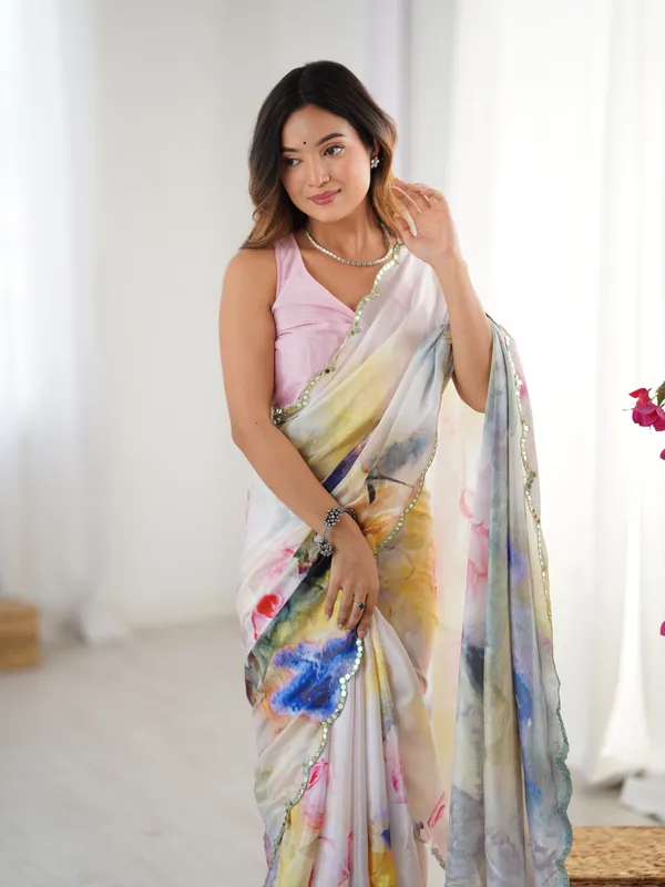 Ivory Bloom Heavy Chinnon Party Wear Saree