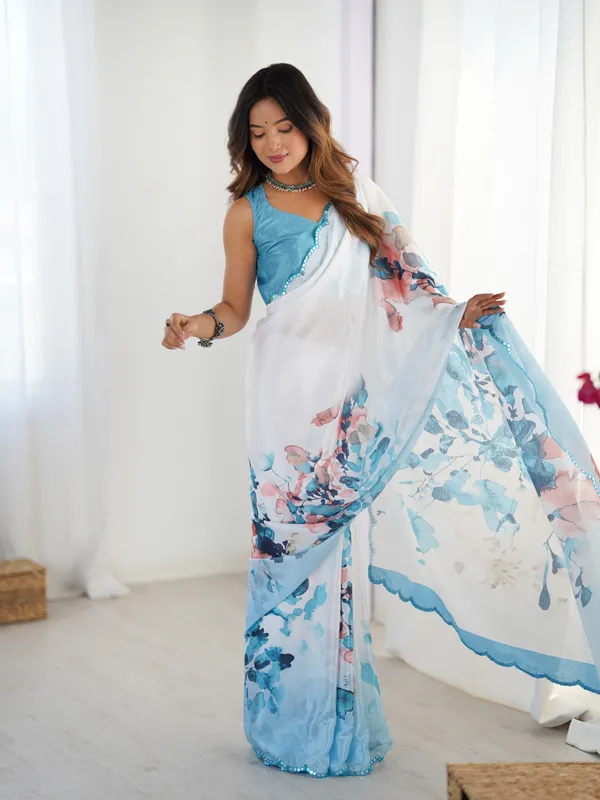 Sky Blue Floral Designer Heavy Chinnon Saree