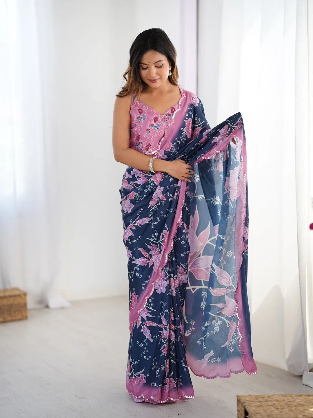 Navy Blue Bloom Heavy Chinnon Party Wear Saree