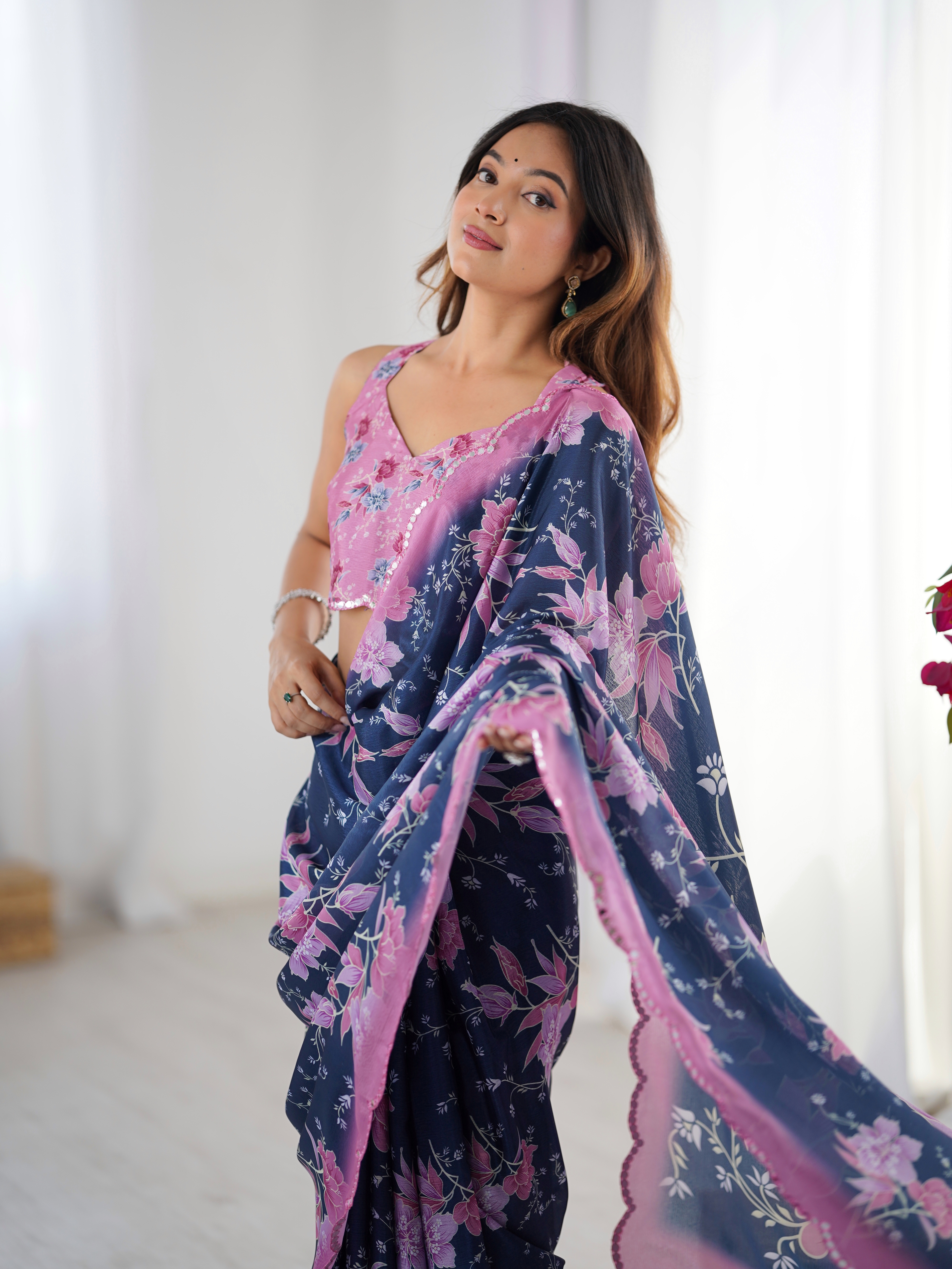 Navy blue chinnon party saree with silver border