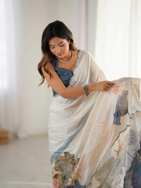 Ivory Bloom Heavy Chinnon Saree with Kutchi Mirror Lace