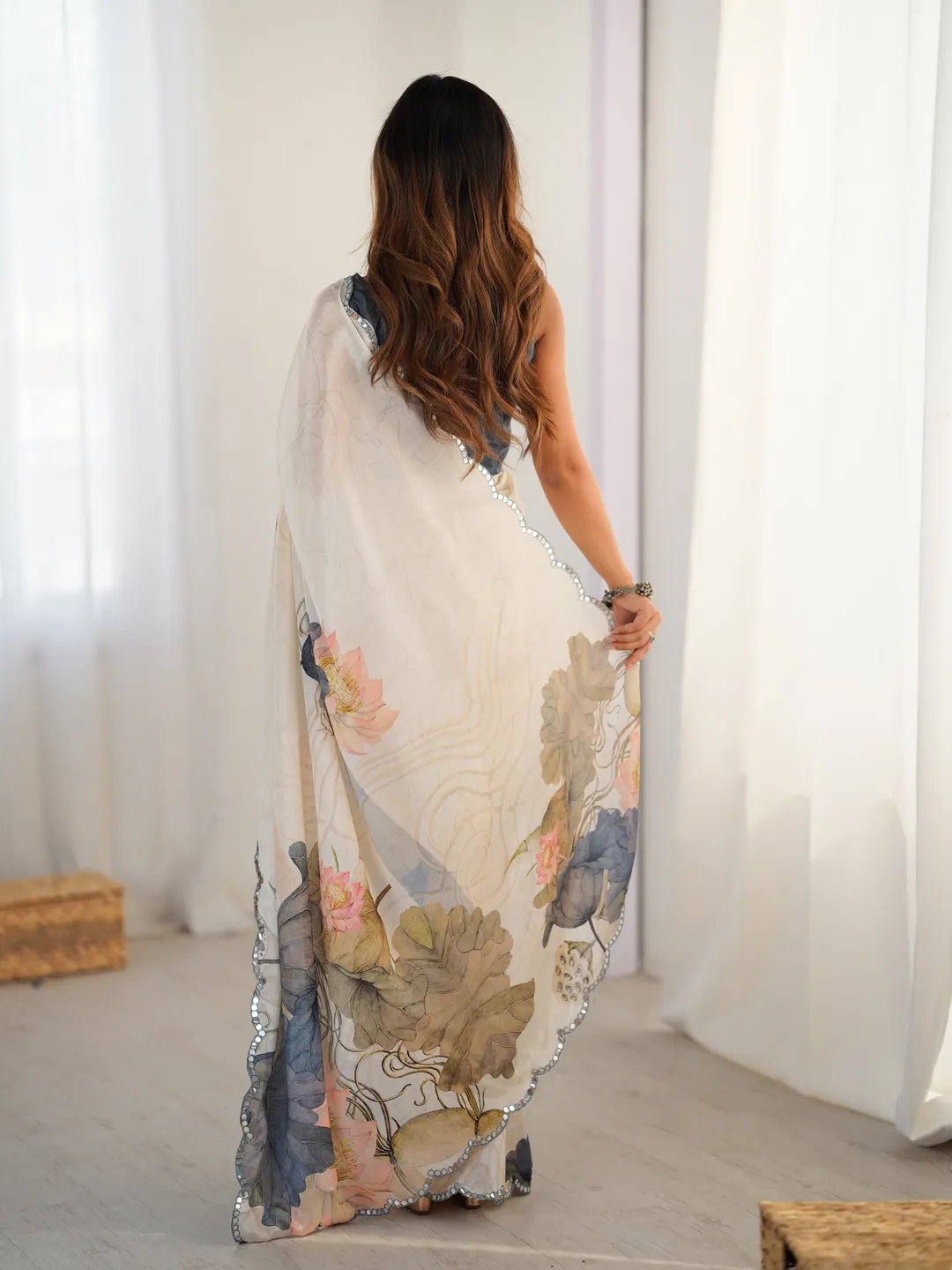 Ivory Bloom Heavy Chinnon Saree with Kutchi Mirror Lace