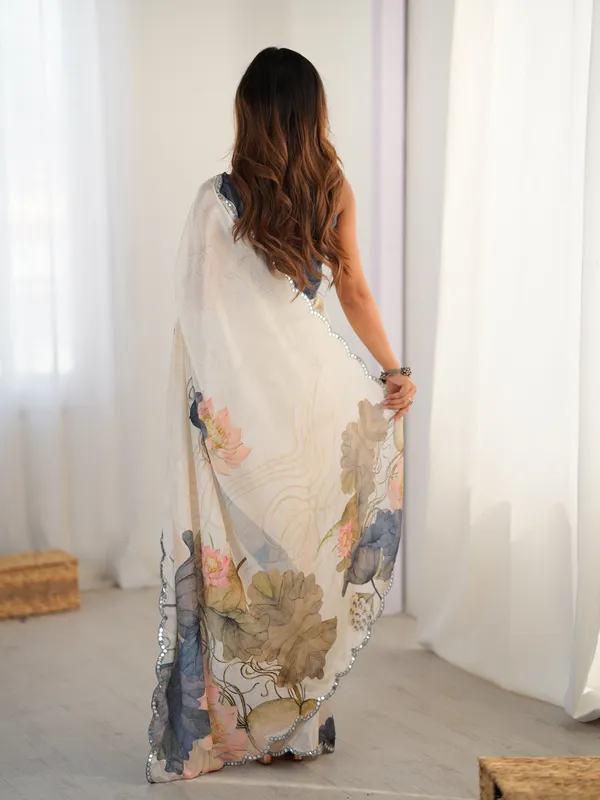 Ivory Bloom Heavy Chinnon Saree with Kutchi Mirror Lace