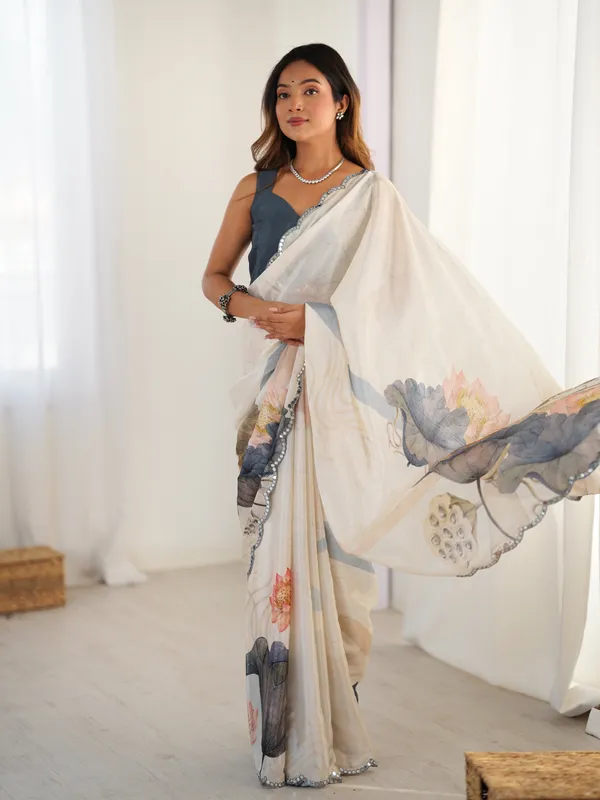 Ivory Bloom Heavy Chinnon Saree with Kutchi Mirror Lace