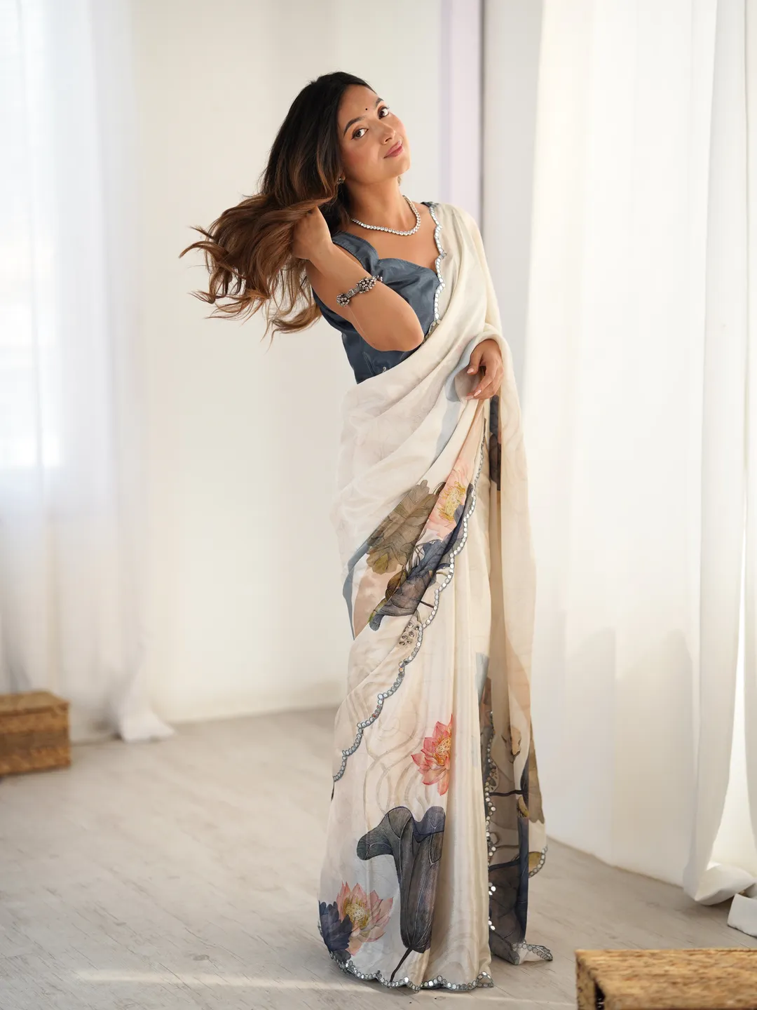 Ivory Bloom Heavy Chinnon Saree with Kutchi Mirror Lace