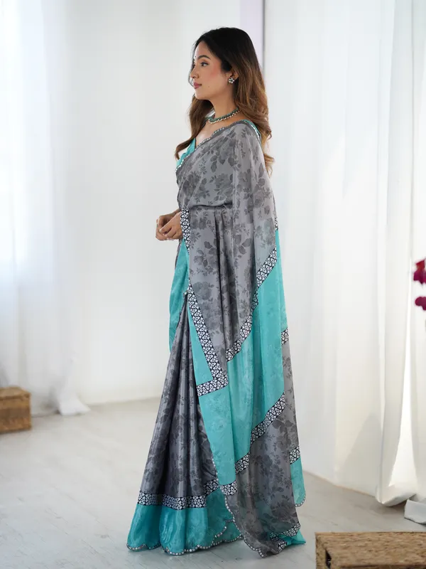 Grey Floral Heavy Chinnon Saree with Kutchi Mirror Lace